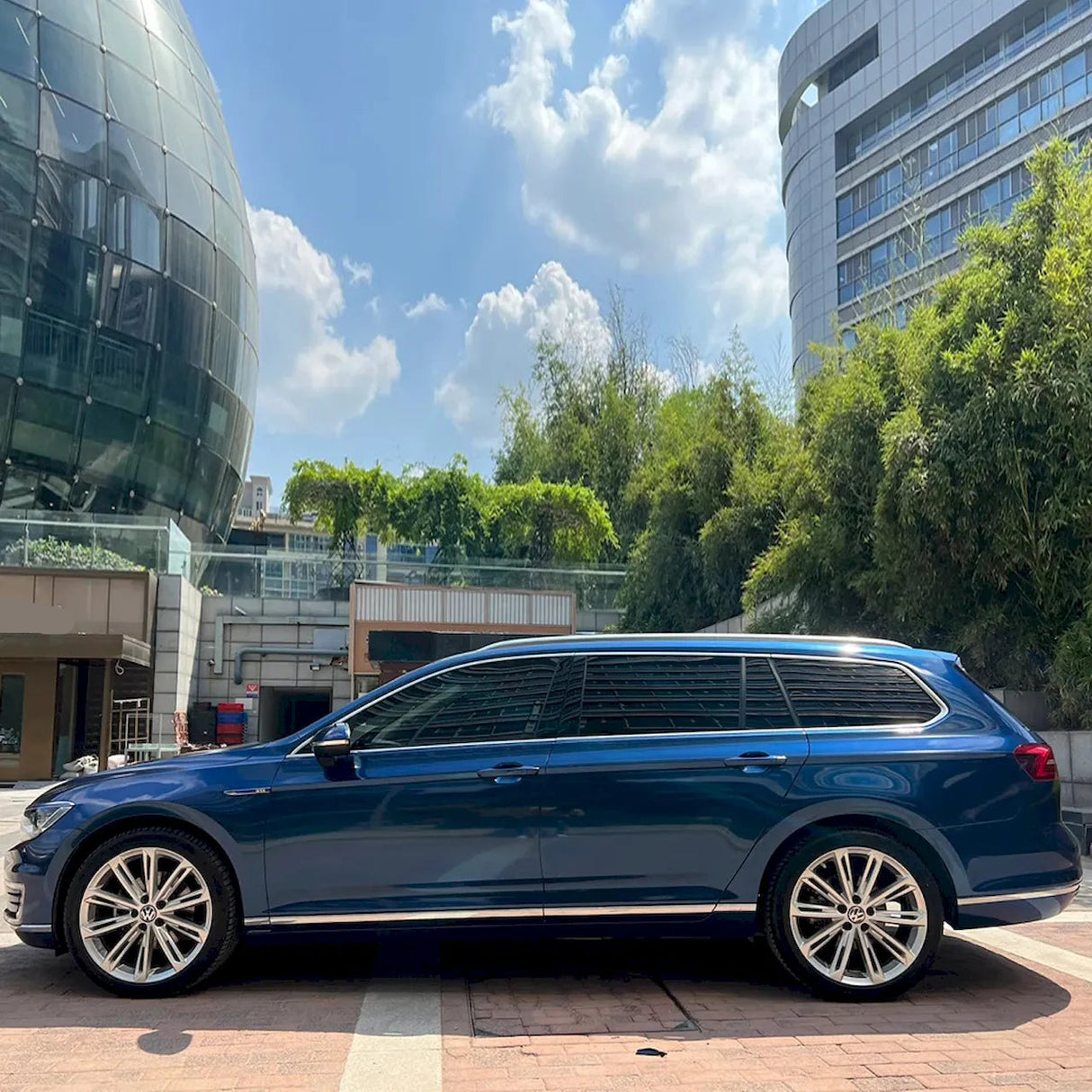 wagon wrapped in metallic midnight blue car wrap