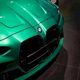 up close shot of metallic tourist trophy green car wrap