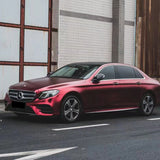 satin romance red car wrap installed on a vehicle