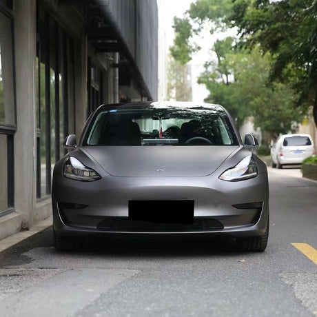 ultra matte dark grey car wrap on a tesla