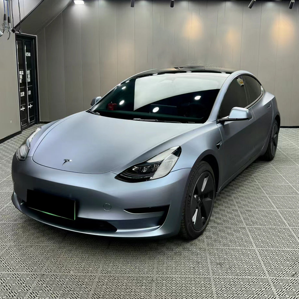 ultra matte blue gray car wrap on a car